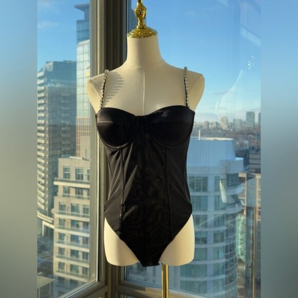🆕 REBECCA VALLANCE 🧿 NWOT Eclipse Bodysuit, Black Mesh, Star Jewels, Sz US 6 - Picture 3 of 15